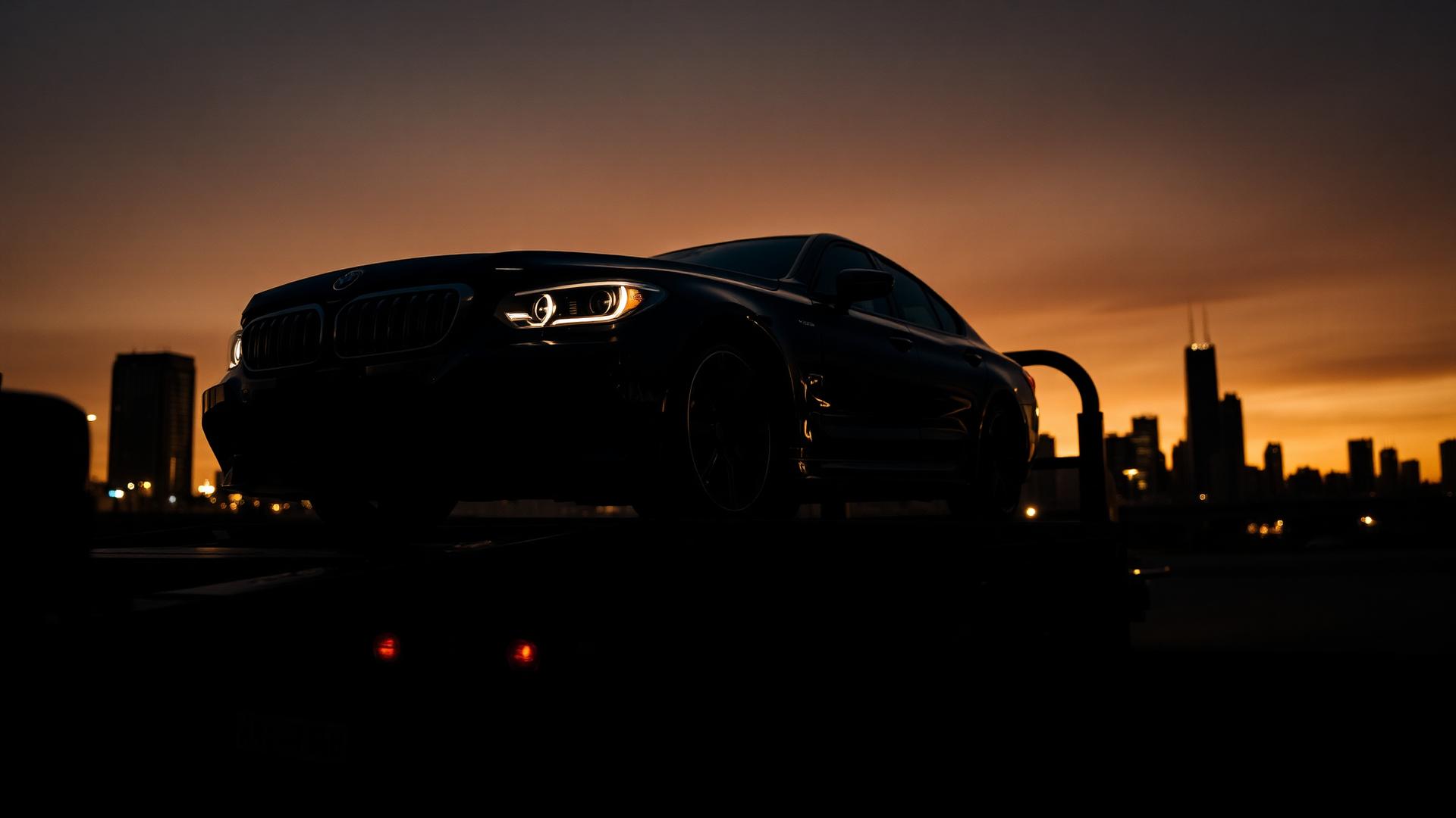 Junk car towed in Chicago at sunset